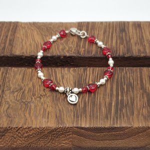 7 Inch 925 Sterling Silver Red Glass Heart Faux Pearl Heart Charm Bracelet